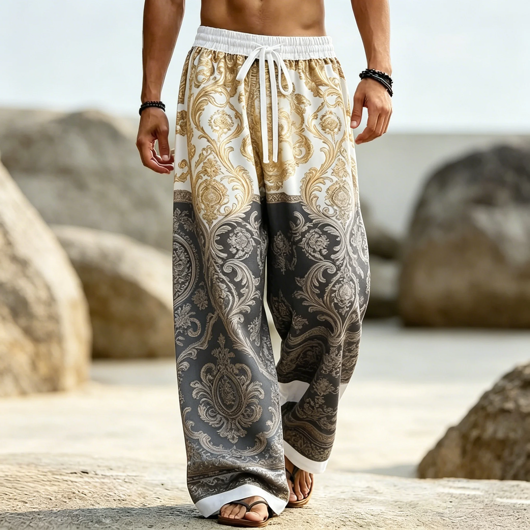 Men's Baroque Ornate Floral Print Drawstring Wide Leg Pants, Casual Loose Trousers For Spring Summer Beach & Daily Wear