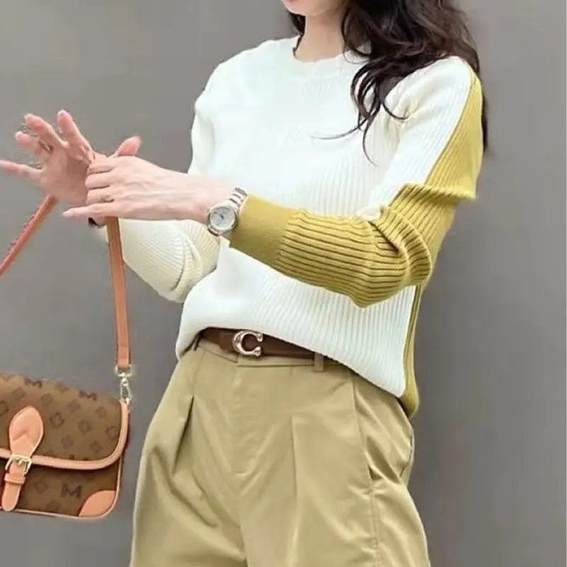 Commute Contrasting Colors Spliced Jumpers Vintage All-match Autumn Winter Female Clothing Casua O-Neck Loose Knitted Sweaters