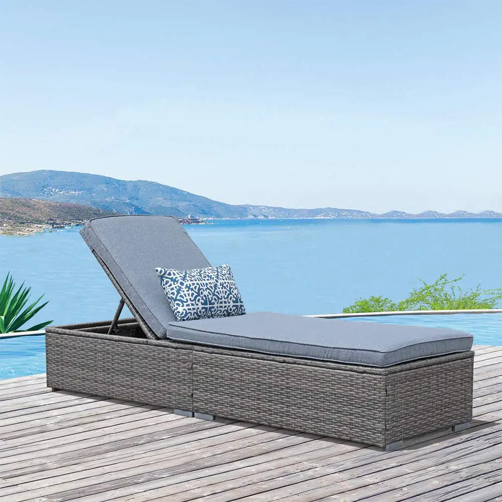 Outdoor Chaise Lounge Chair, All-Weather PE Wicker Patio Chairs Pool Lounge Chairs for Outside, Gray Rattan, Customized