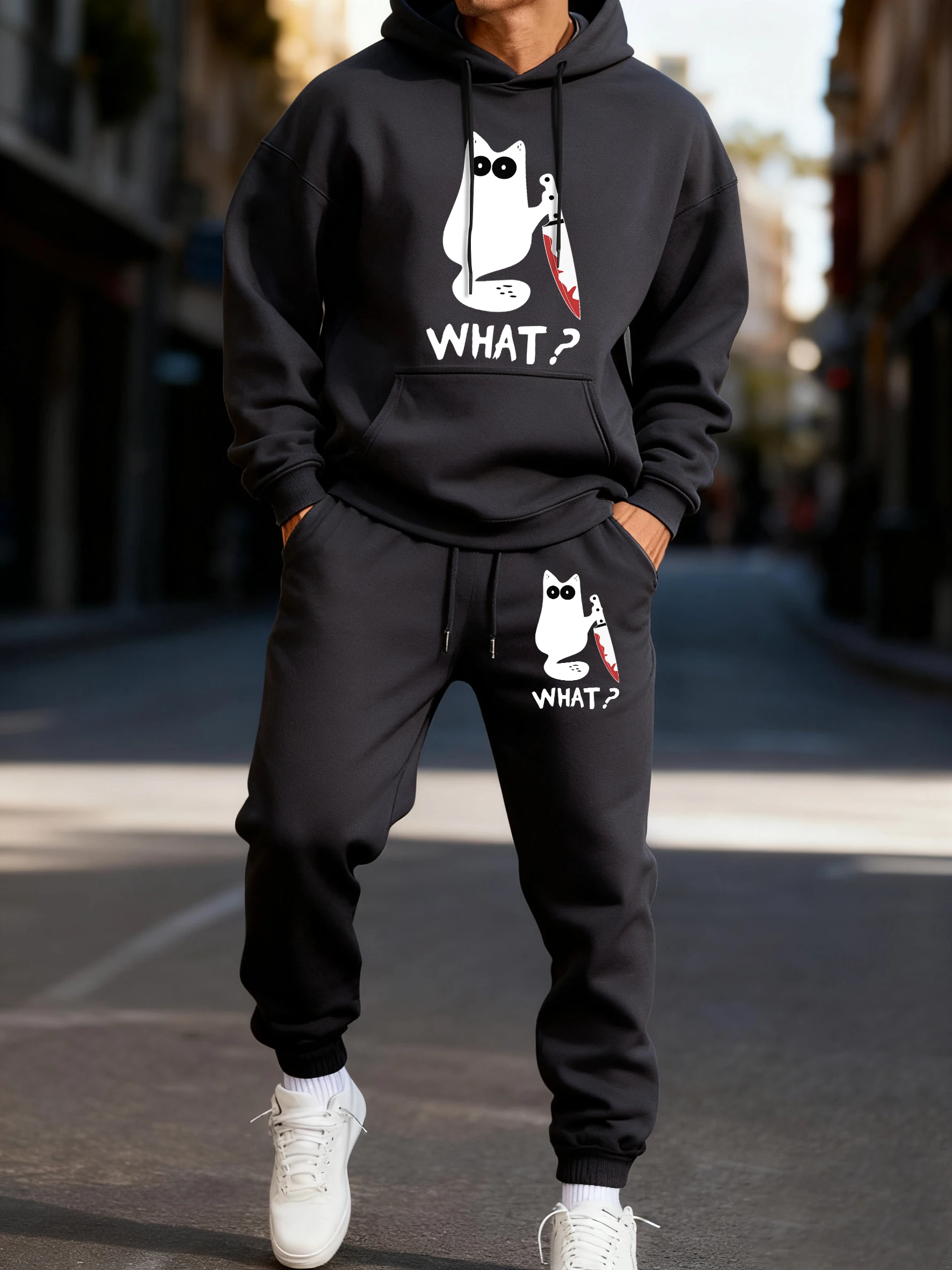

Black Knife Cat What Print Hoodie Set Autumn Street Sweatshirts Pocket Fleece Sportpants Casual Jogging Long Pants Men'S Sets