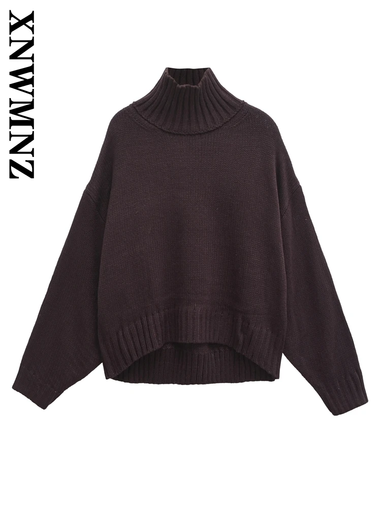 XNWMNZ 2024 Herfst Nieuwe Vrouw Casual Gebreide Trui Vrouwelijke Winter Vintage Gebreide Top Stand Kraag Lange Mouw Effen Kleur Jumper