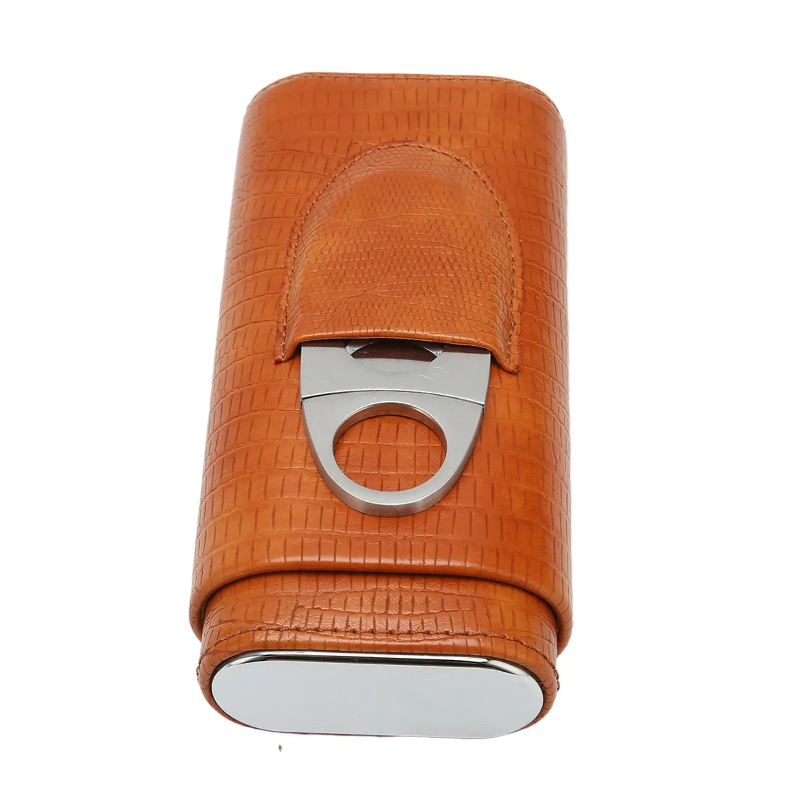 Portable 3 Finger Cigar Case with Cedar Wood Lining & Cutter - Faux Leather Holder for men - Brown