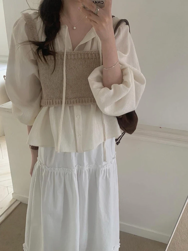 

Весенний комплект для повседневной носки: свободный вязаный топ с рукавами-фонариками и поясом, жилет-накидка на грудь, женский комплект из двух предметов, 100% хлопок