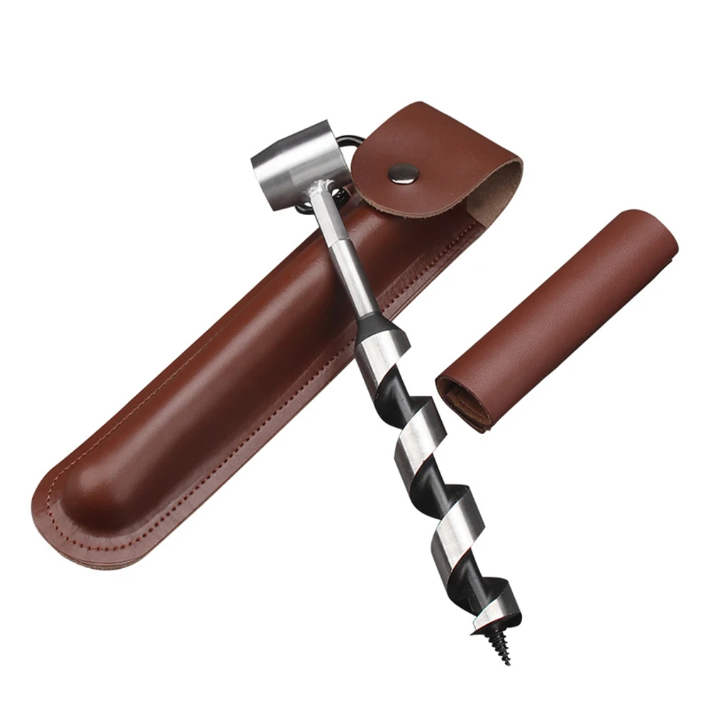 Hand Auger Wood Drill with Leather Case Manual Bushcraft Auger Set Multifunctional Outdoor Wood Punch Tool for Camping Building