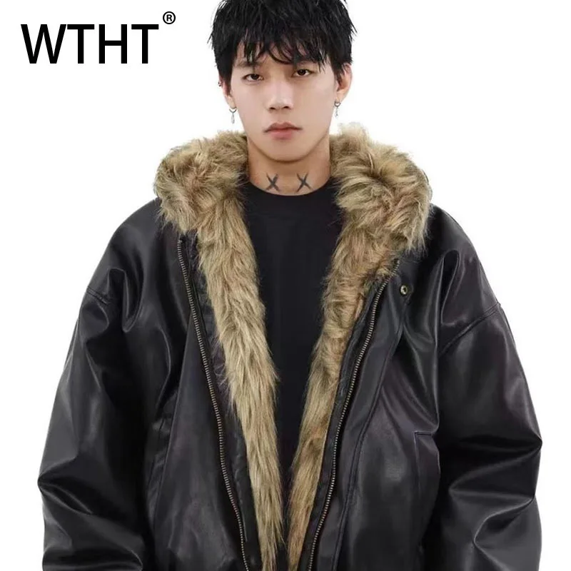 

WTHT Trendy Men's Wear Inside Out Faux Fur High Street Coats Fashion American Style Hood Leather Jacket Male 2025 Autumn 2A2264