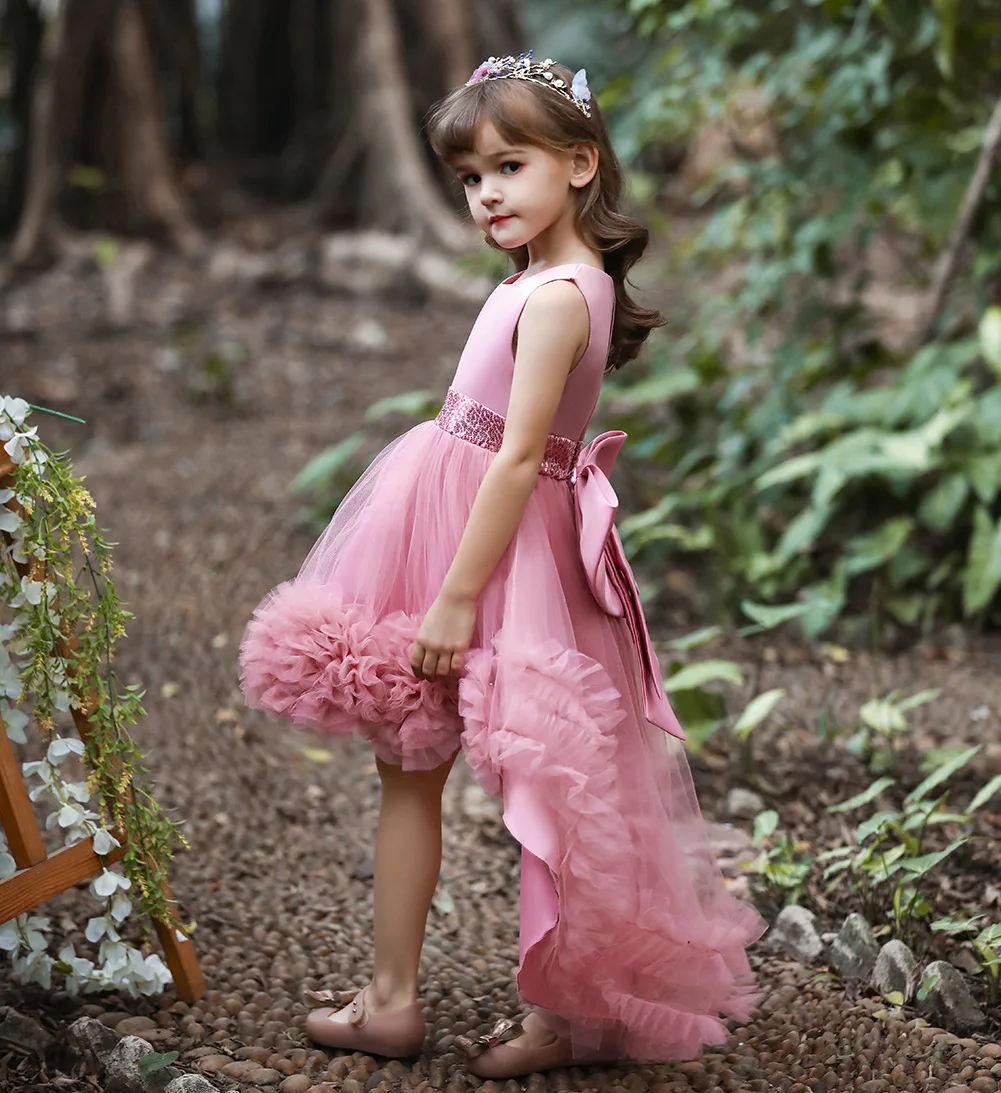 Custom Pink Satin Tulle Flower Girl Dress Sleeveless Sequin High-Low Train Birthday Party Gown Tulle Skirt Kids Wedding Gown