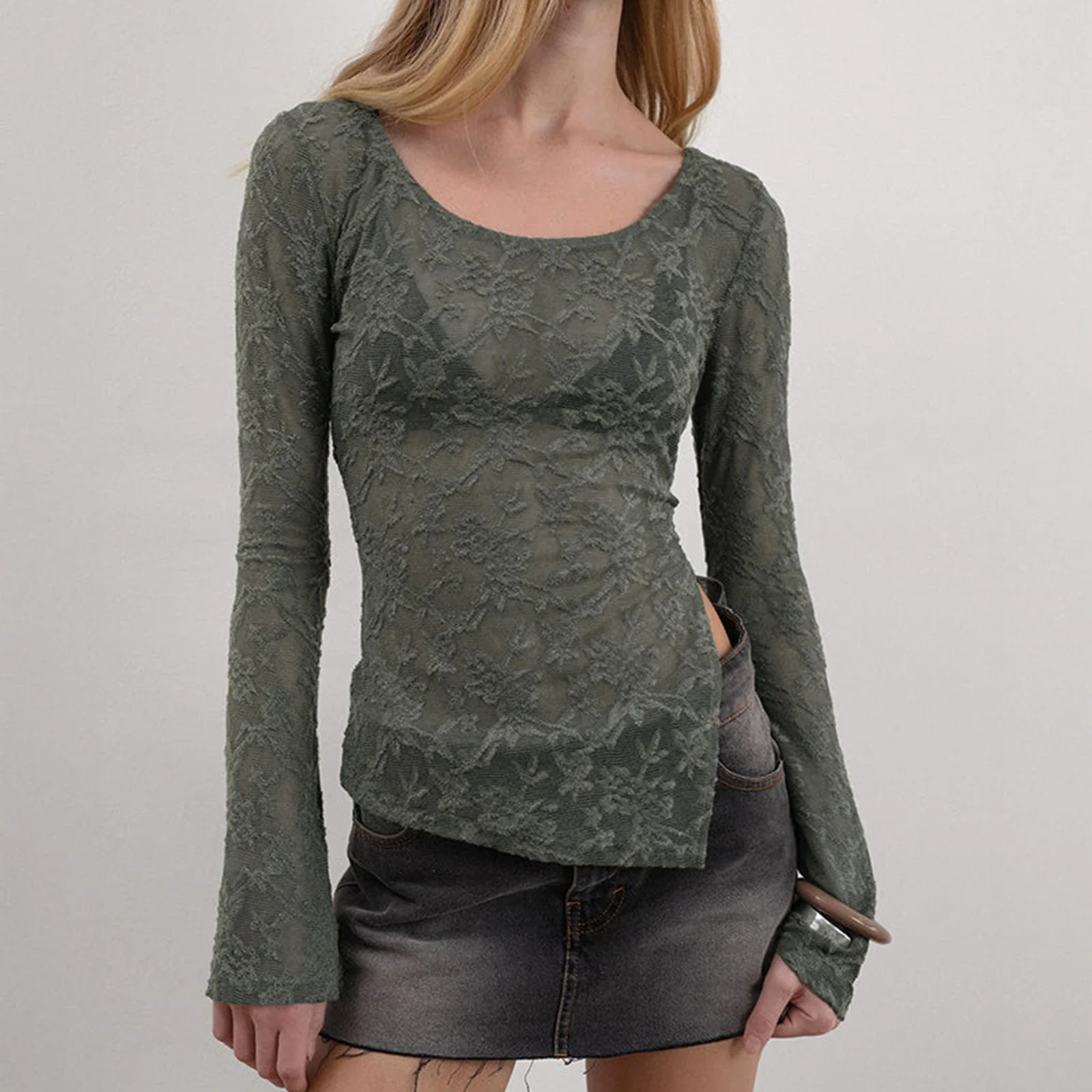 

Women Slim Sheer T-shirt Fashion Blouse Long Sleeve Crop Top Crew Neck T-shirt Slit See-through Lace Tops Summer Fall Streetwear