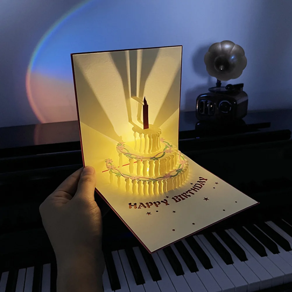 

Music Cake 3D Birthday Greeting Card Light Up Beautiful Birthday Blessing Card Party Gift Visual Enjoyment 3D Greeting Cards
