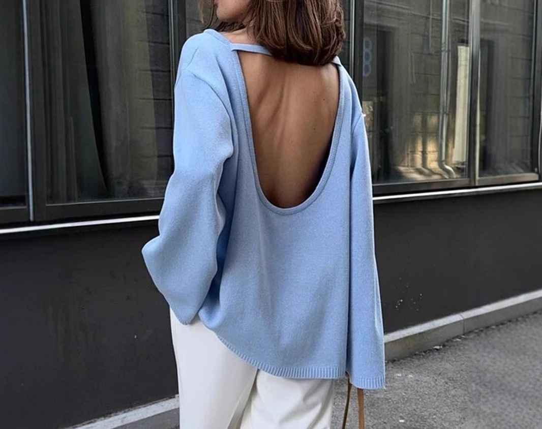 Cotton Pullover Sweater 2026 Autumn and Winter New Temperament Loose Lazy Sexy Backless Knit Sweater