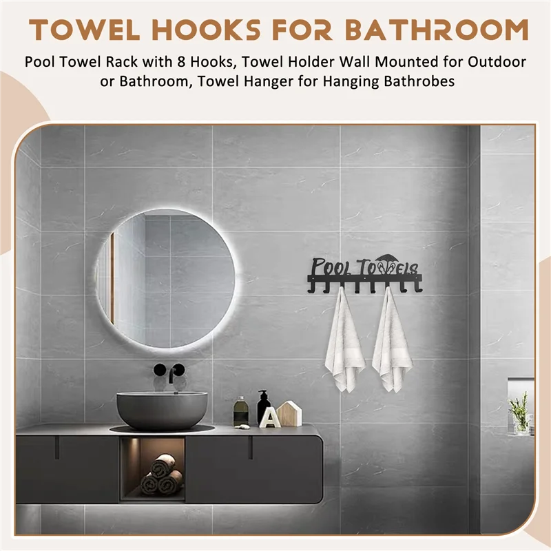 

AC23-Pool Towel Rack With 8 Hooks, Towel Holder Wall Mounted For Outdoor Or Bathroom, Towel Hanger For Hanging Bathrobes