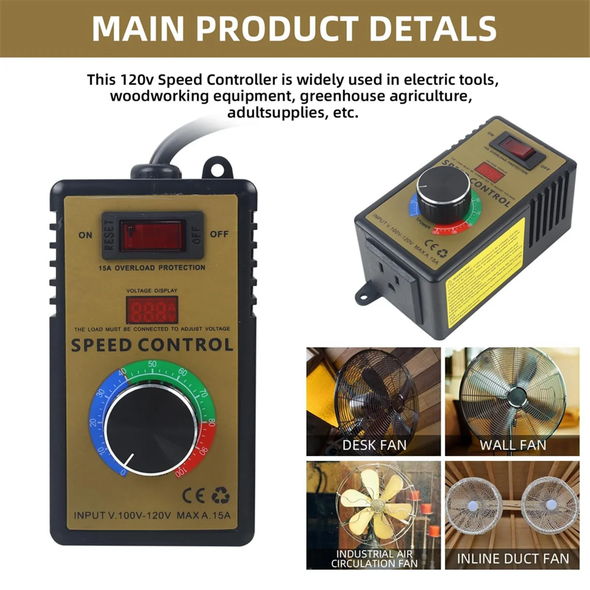 Contrôleur de vitesse de moteur ABZV-AC-régulier 100V-120V et 15A Max, régulateur de vitesse Variable de ventilateur électrique prise américaine