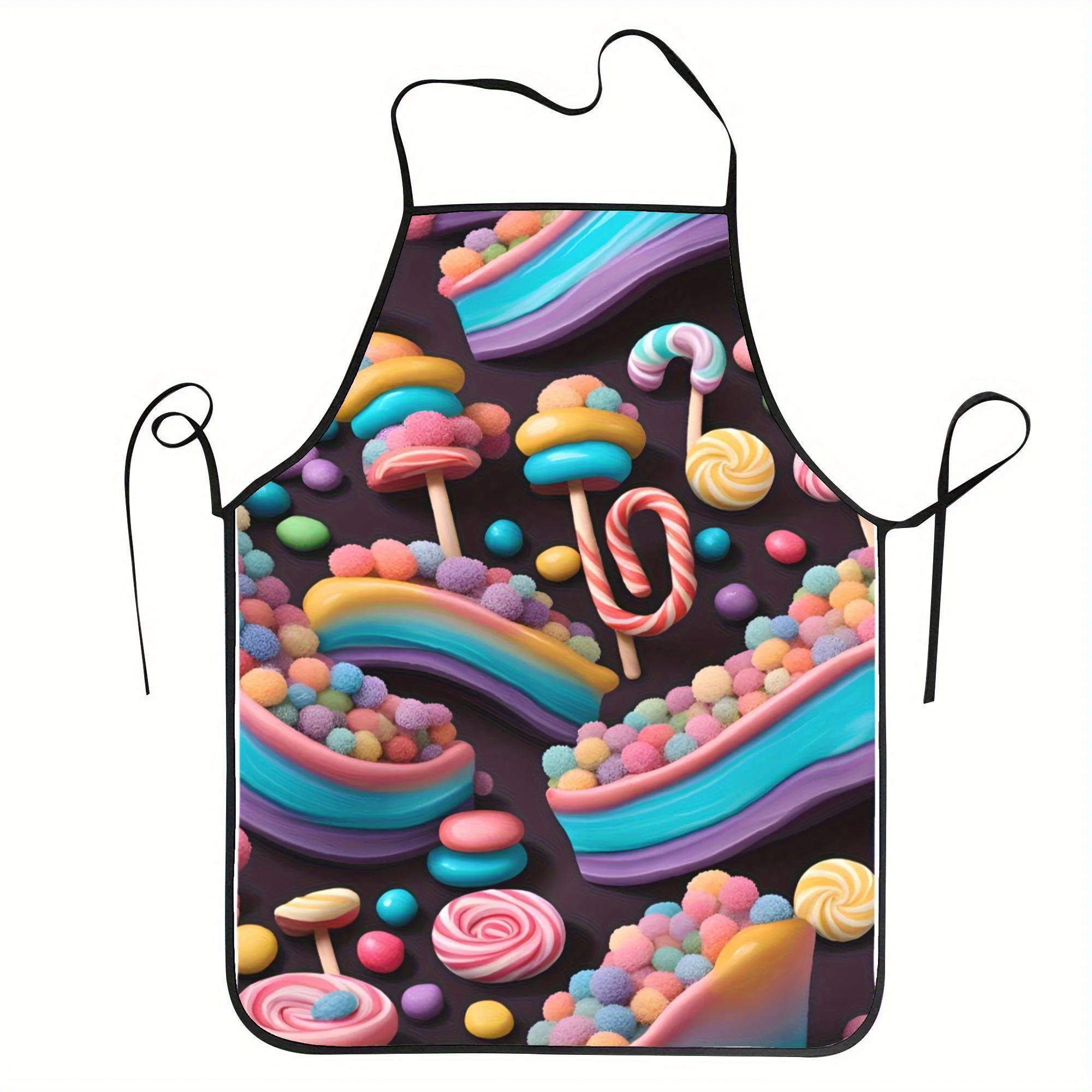 1pc Unisex Mystical Candy Wonderland Bib Apron - Vibrant Lollipop & Gummy Print on Black, Durable Polyester Kitchen Apron for Co