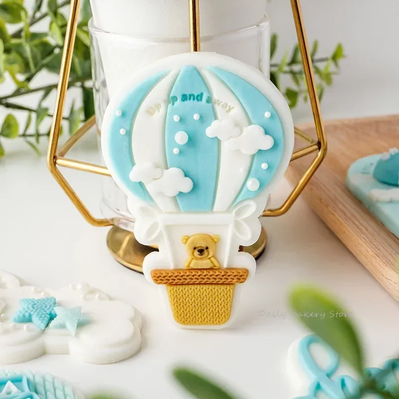 Cartoon Baby Shower Party Cookie Embosser Stamp Oh Baby Bear Cloud Hot Air Balloon Cookie Cutters and Embossers for Boy Birthday