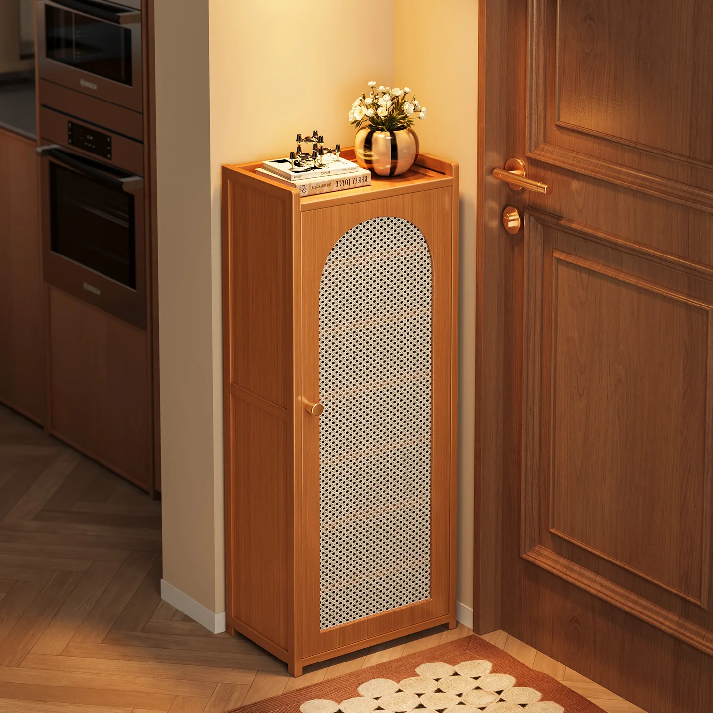 Narrow shoe cabinet at door of household, entrance door for corridor outside door