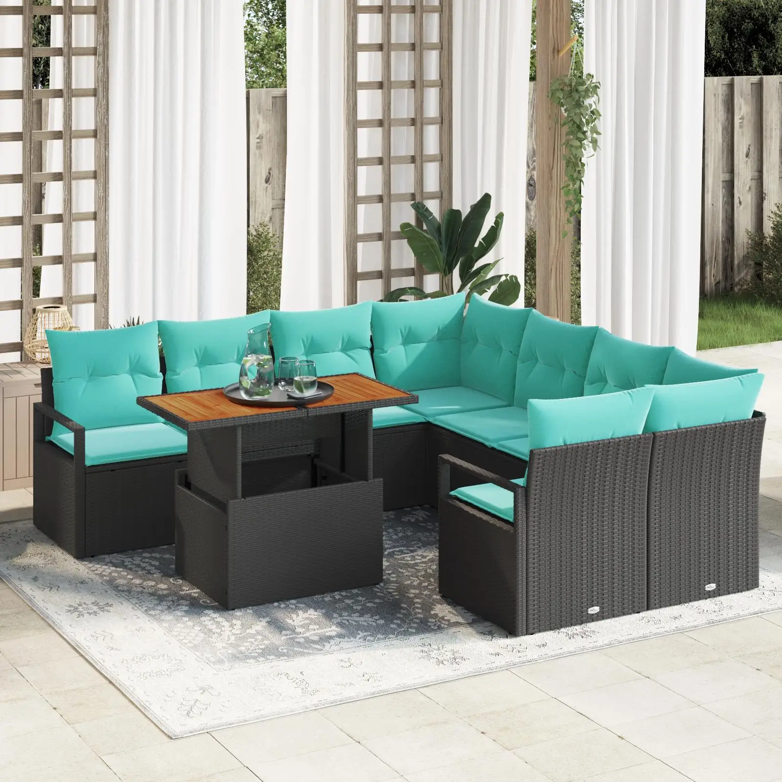 

9 Piece Outdoor Garden Sofa Set Cushions Black Wicker Rattan Furniture Patio Lounge Seating