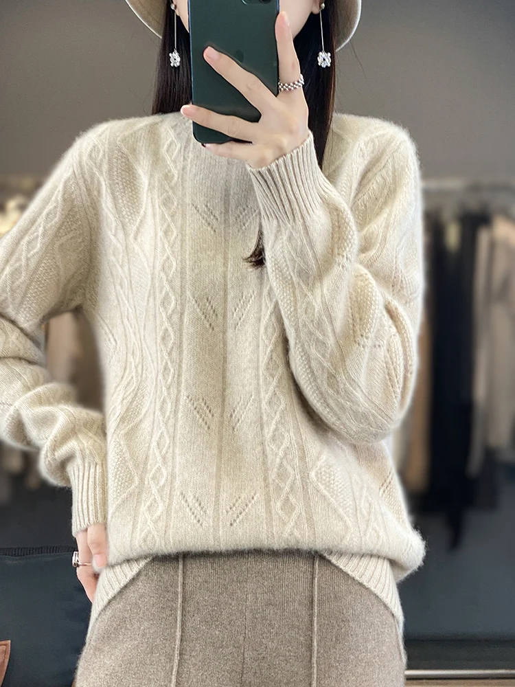 Devin Women Winter Sweater Twist Flower Mock Neck Pullover 100% Merino Wool Hollow Soft Cashmere Knitwear Korean Fashion Tops