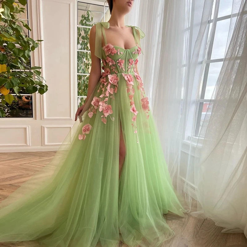 

Sweet Flowers Tulle Women Dresses Cute Light Green Mesh Aline Prom Party Dress Spaghetti Strap Open Front Long Girls Summer Gown