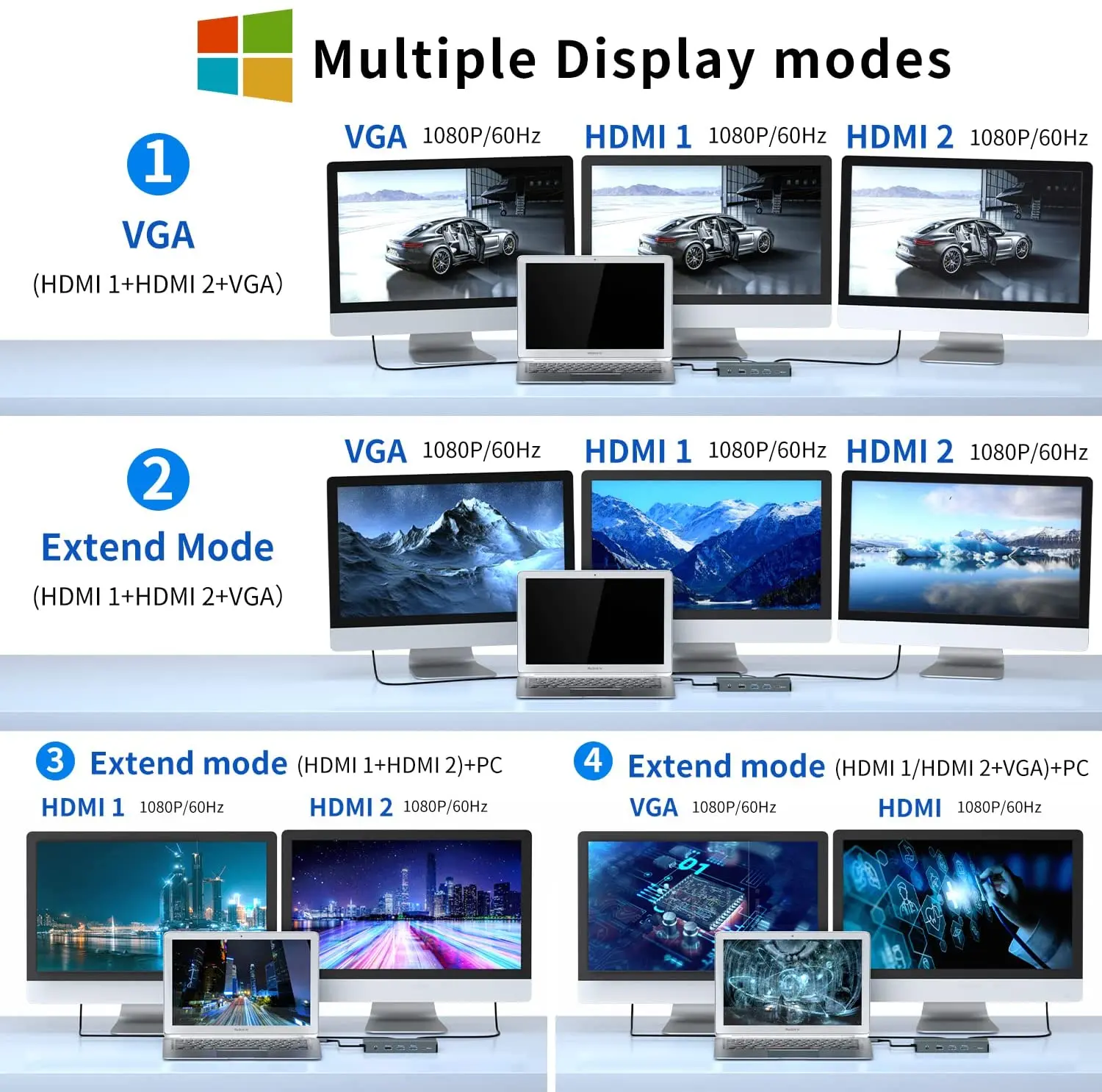 12 in 1 Dual Monitor Type-C Hub Triple Display Docking Station with 2 HDMI VGA 4K Gigabit Ethernet Type-C PD SD/TF 3.5mm Adapter