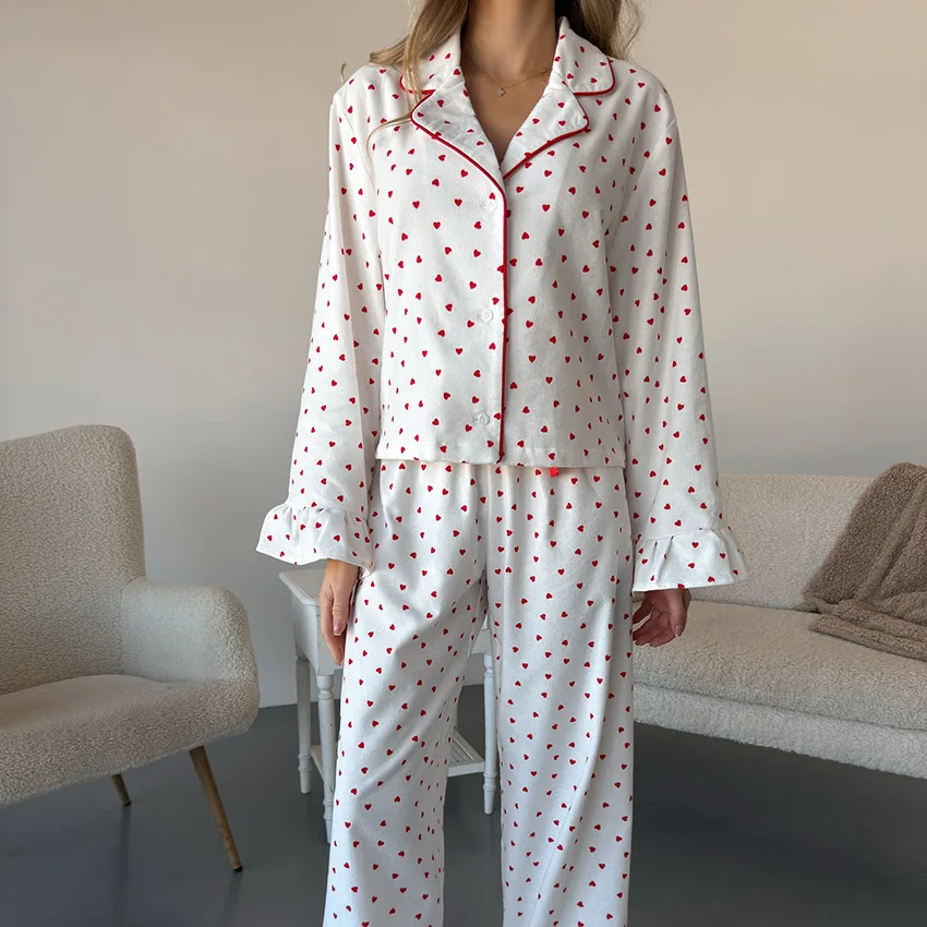 2026 Autumn New Women Two Piece Pant Set Heart Print Long Sleeve Pajama Set Loose Fitting Home Wear Floral Cozy Two Pieces Suit