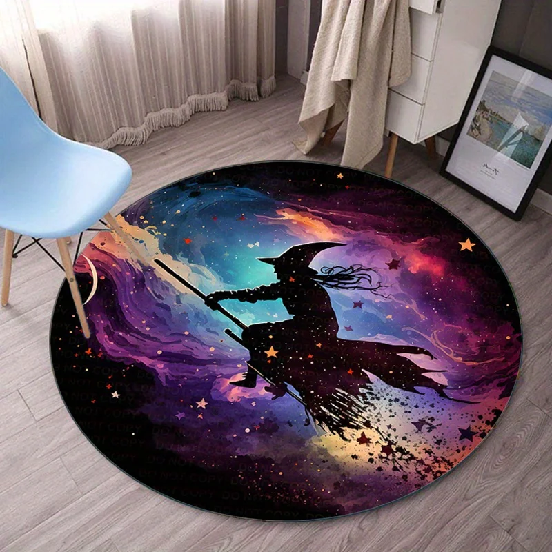 Witch Flying Broom Galaxy Round Rug Crystal Velvet Floor Mat Halloween Decor Cosmic Art Bedroom Living Room Carpet Fantasy