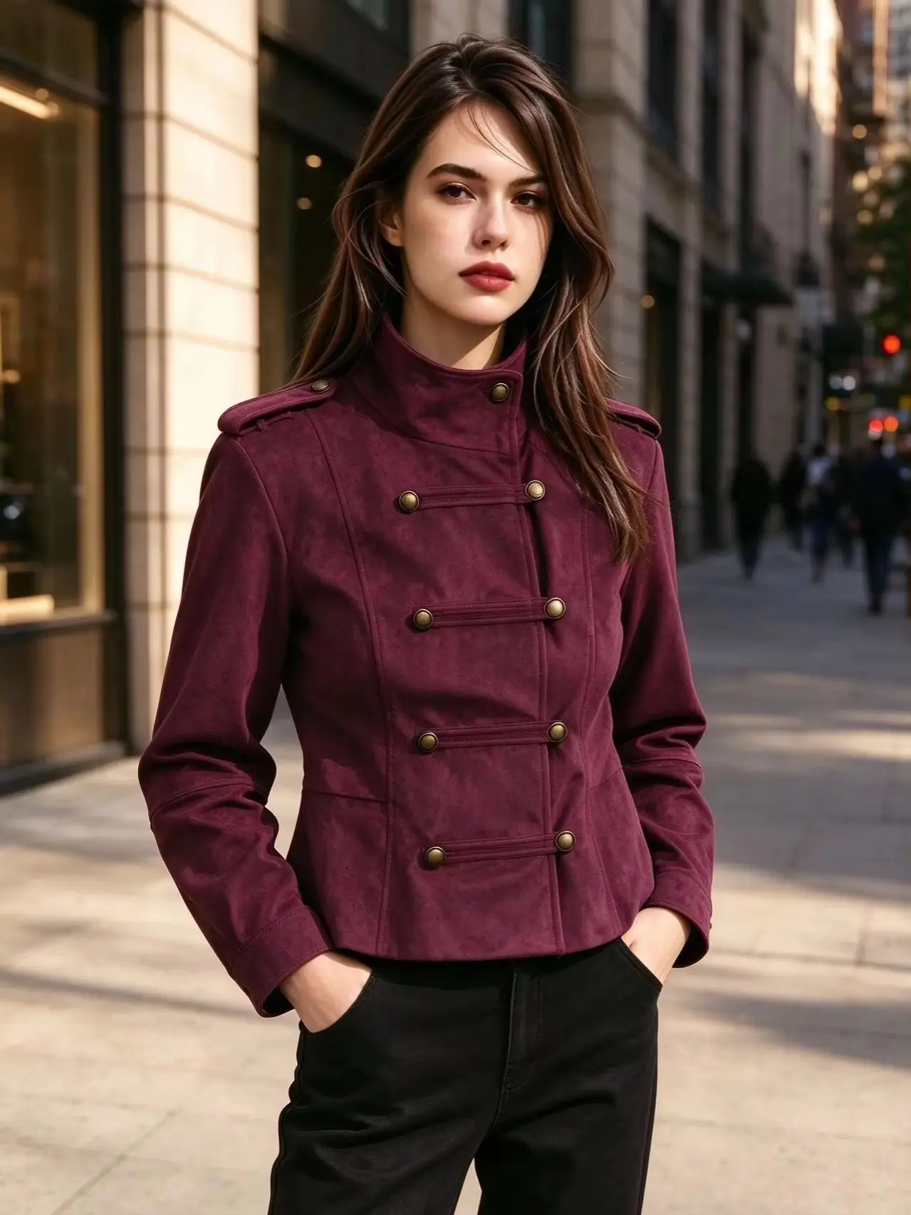 Women's Red Double Breasted Short Coat Stand Collar Slim Suede Jacket Vintage Academic Style Autumn Winter Outerwear High Street