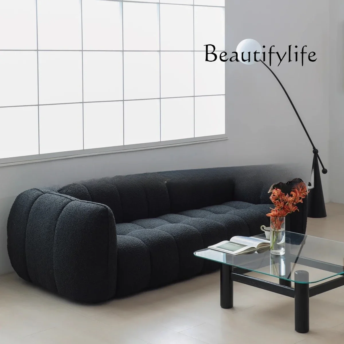 

X40 Pumpkin Sofa Nordic Retro Modern Minimalist Lamb Wool Fabric Straight Row Multi-person Black Sofa