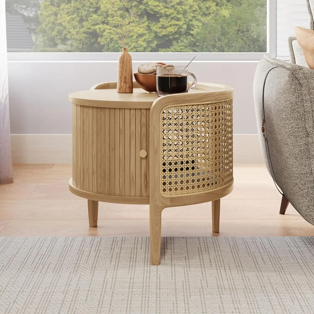 Massivholz-Beistelltisch mit Rolltür und geflochtenem Rattan, 19,69 Zoll runder Couchtisch mit Stauraum, Beistelltisch für die Wohnung zu Hause