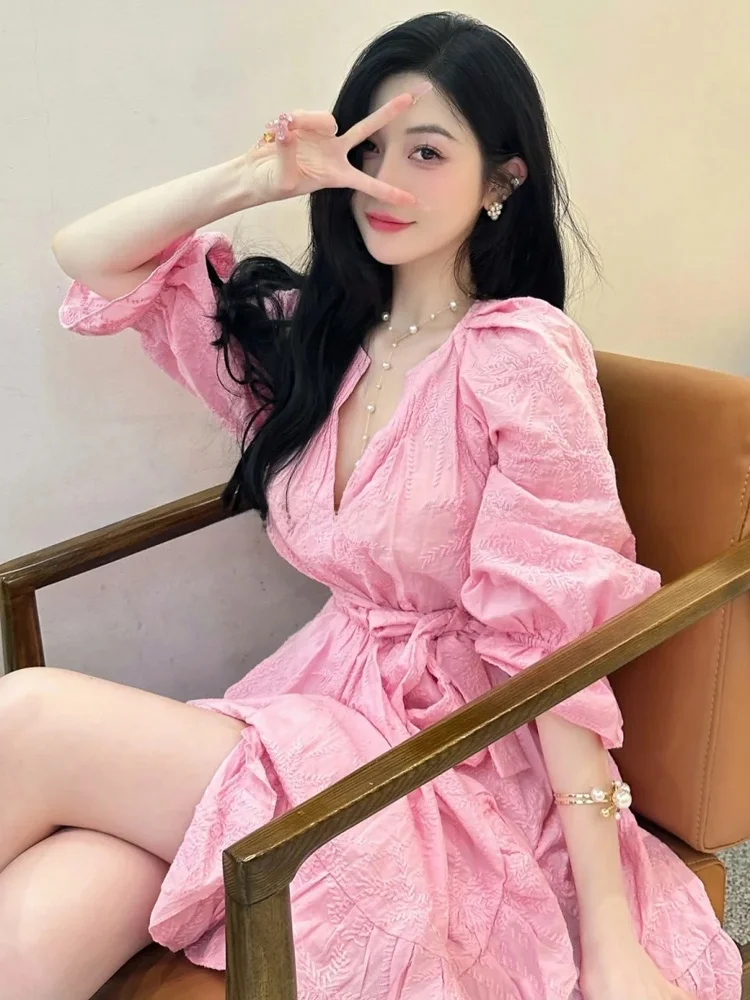 M Home dulce coreano Sle bordado V Ne Tie cintura linterna Sve Dr otoño nueva llegada mujer cintura alta Dr