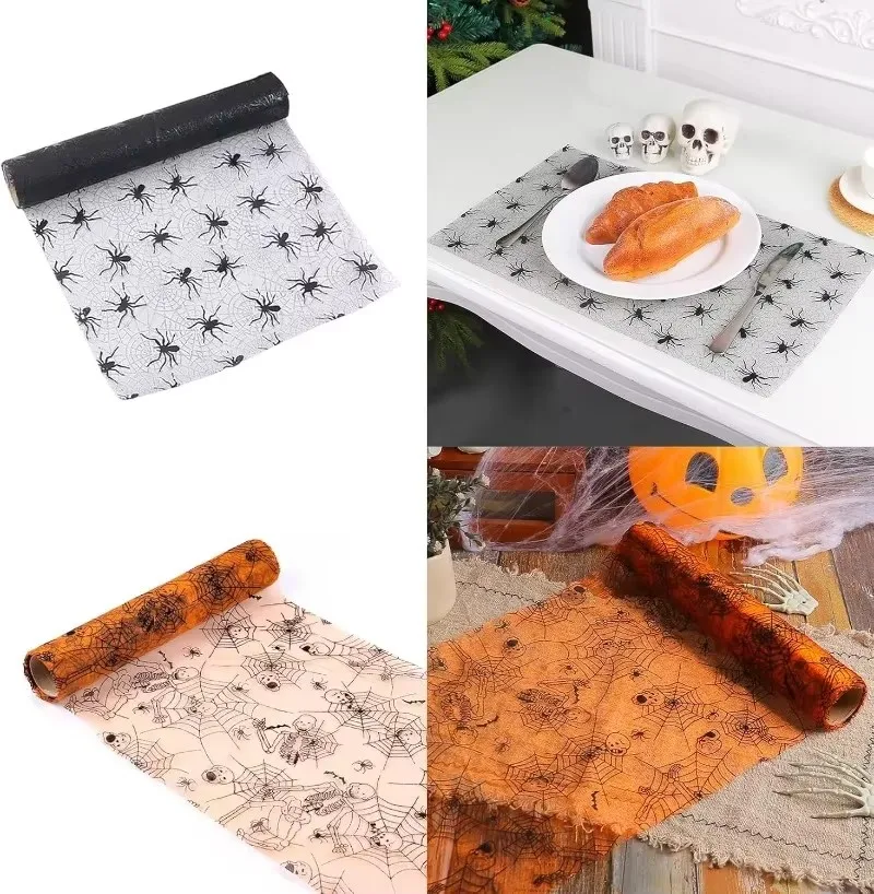 2 Colors Halloween Spider Web Tulle Roll with Bat Print Scary Party Supplies DIY Table Decoration Craft Ribbon Decoration