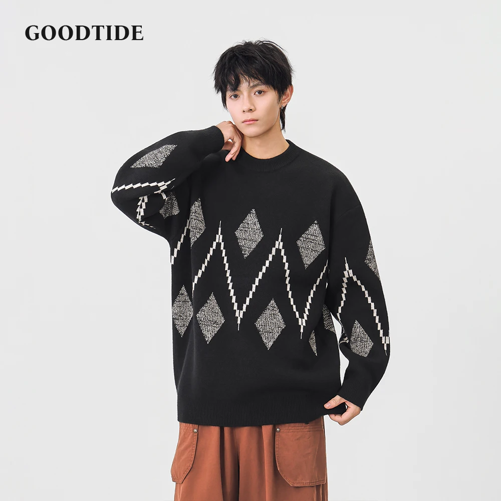 Fashion Men's Casual Crew Neck Sweater 2025 Winter New Argyle Pattern Knitted Pullover Comfortable Soft Long Sleeve Jumper Top