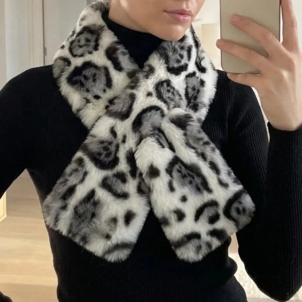Vintage Thicken Faux Rabbit Fur Scarf Material Lightweight Leopard Print Neckerchief Warm Windproof Neck Wrap Winter
