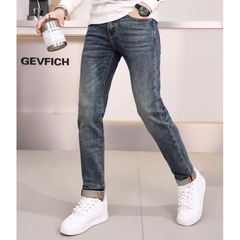 Back pocket embroidered printed jeans men's light luxury High-End2024New autumn and winter slim fit skinny pants