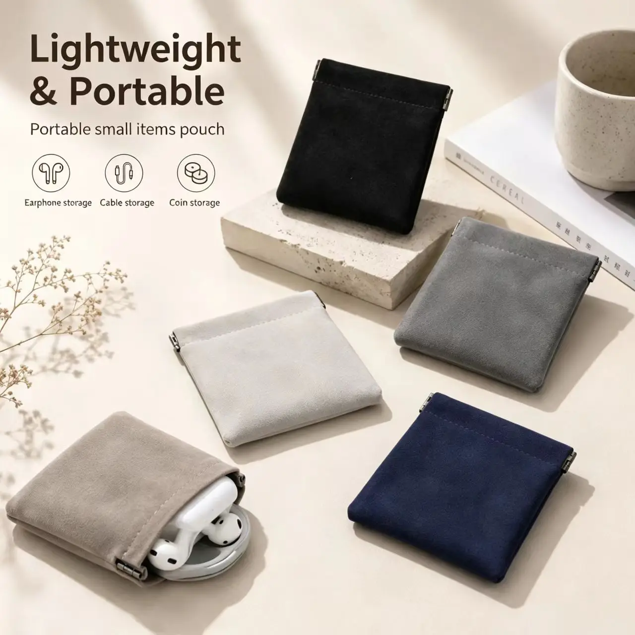 Portable Automatic Spring Open Small Storage Pouch Self-Closing Suede Cable Organizer Mini Cosmetic Bag Travel Storage
