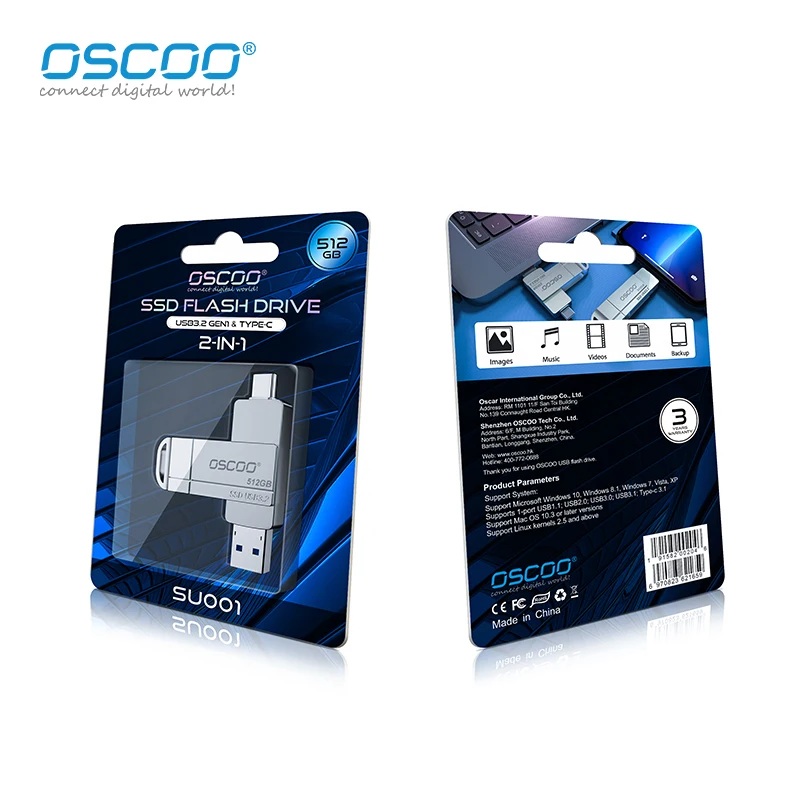 OSCOO SSD USB-Flash-Laufwerk SU001 USB3.2 Gen1 & Typ C 256 GB 512 GB Externes SSD-Flash-Laufwerk Pendrive TypeC Lesegeschwindigkeit bis zu 550 MB/s