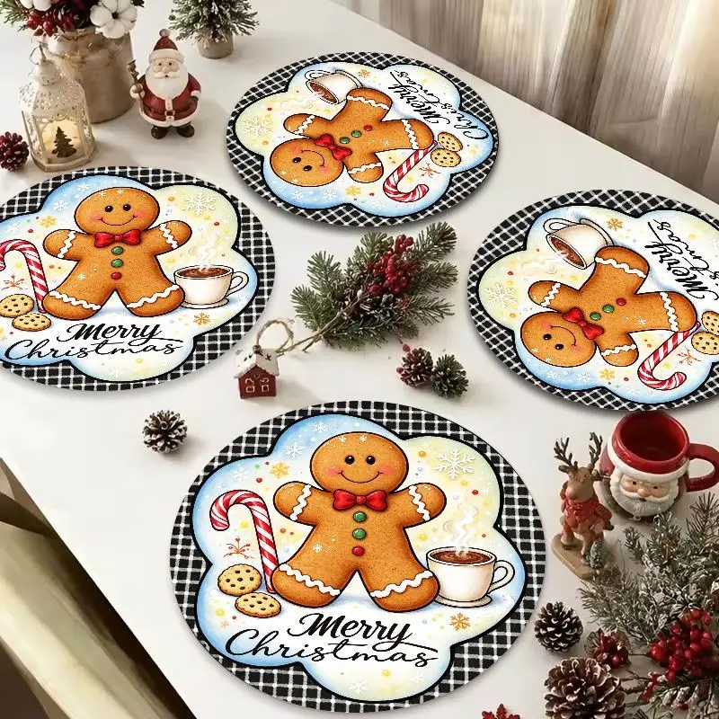 VIKAMA Gingerbread Man Candy Cane Round Placemat, 3 Designs, Table Mat for Kitchen Dining Party