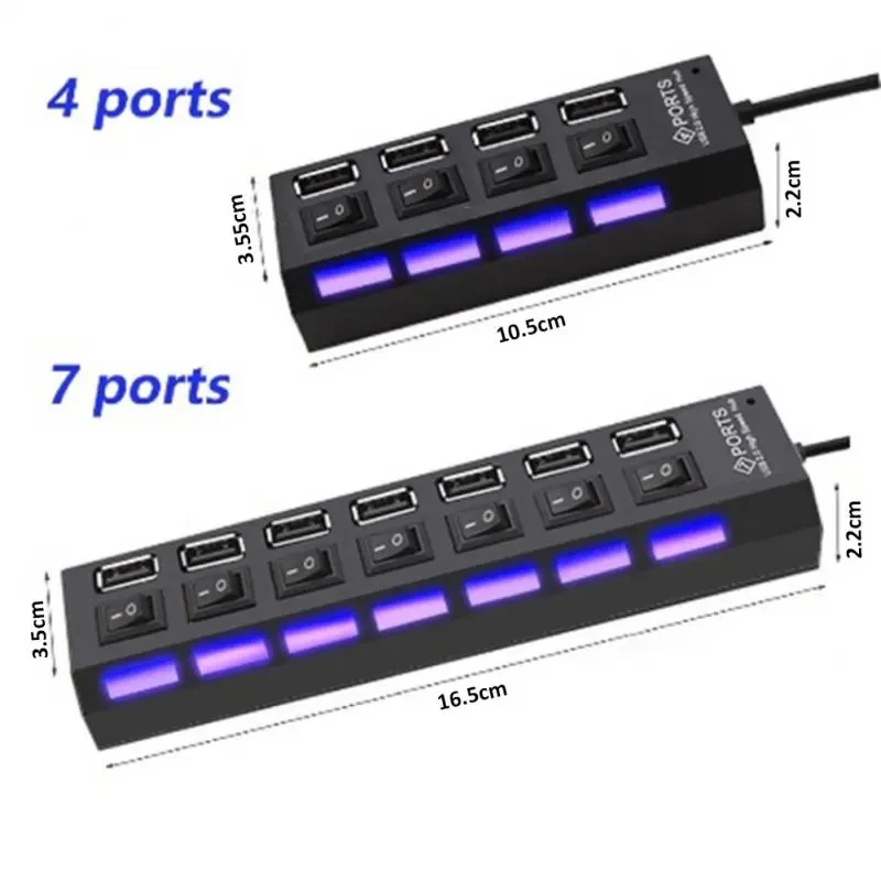 Adaptador de alta velocidad con 4/7 puertos USB, expansor múltiple con interruptor de lámpara LED para oficina, PC y portátil, HUB 2,0