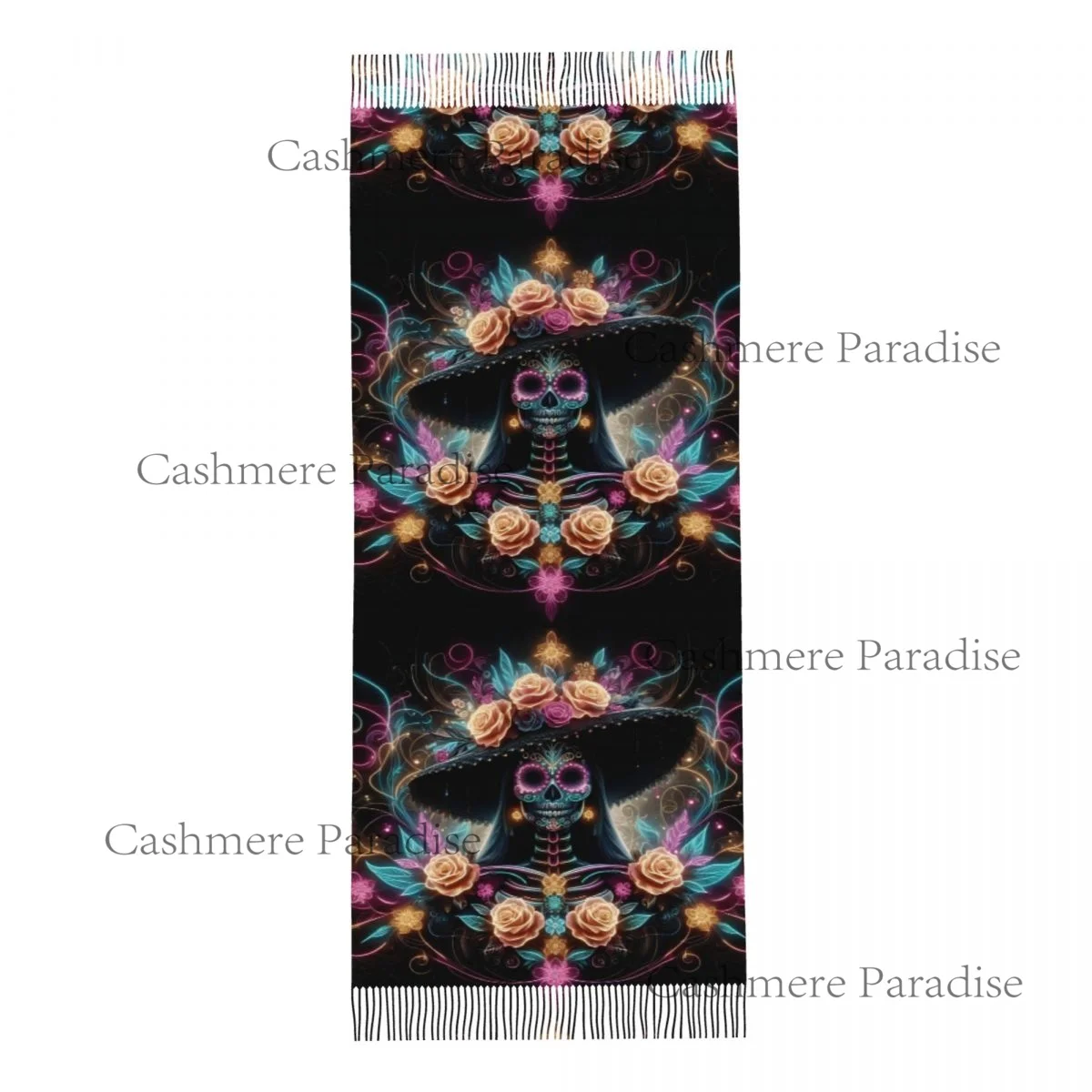 المكسيك الجمجمة امرأة خمر نمط المرأة الباشمينا شال يلتف هامش وشاح طويل كبير وشاح #4