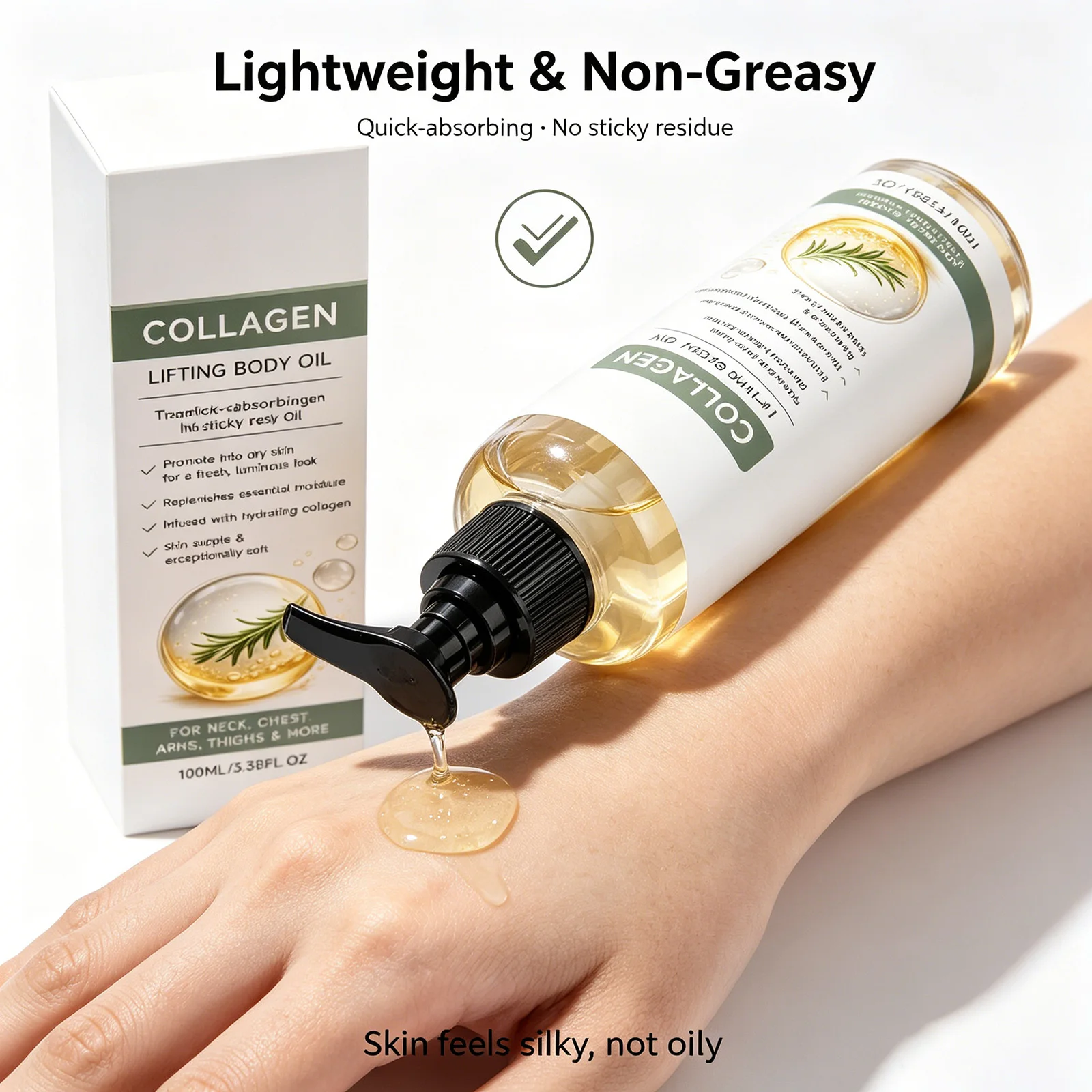 Rosemary Collagen Body Oil 100ml Deep Hydration Non-Greasy Fast Absorption Smooths Neck, Chest, Arms & Thighs, Glowing Skin Care