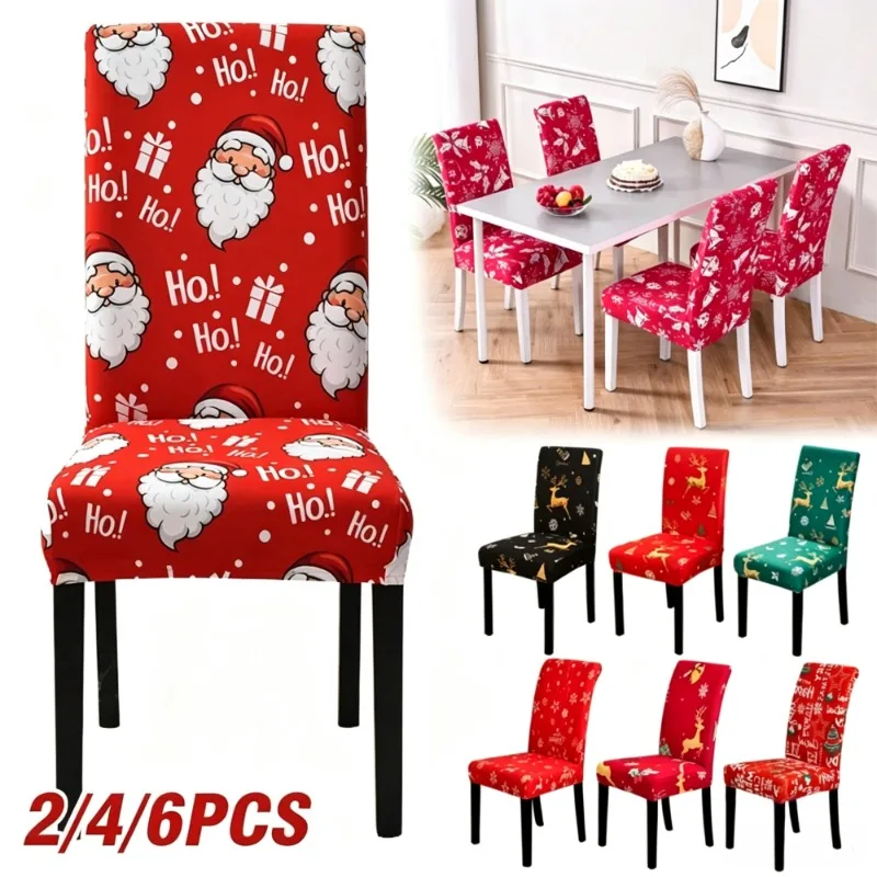 Christmas stretch dining chair cover 2/4/6 PCS Santa Elk snowflake print removable chair cover Christmas party home decoration