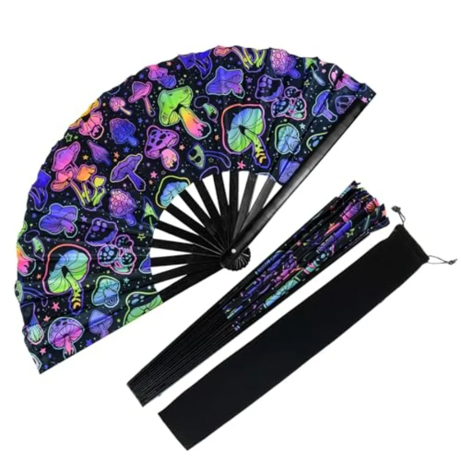 Rave Folding Fan, Large Folding Hand Glow Rave Fan, Decorative Folding Hand Fans with Fan Bag, Clack Hand Fan for Line Dancing,