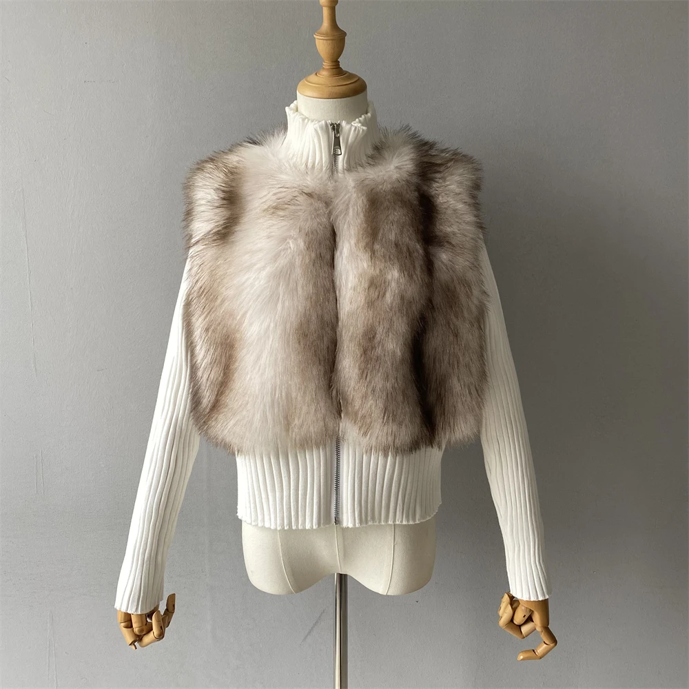 Jxwatcher Women's Faux Fur Coat Winter Casual Warm Knitted Rib Patchwork Fake Fur Jacket Fashion Zipper Jackets 2025 New Arrival