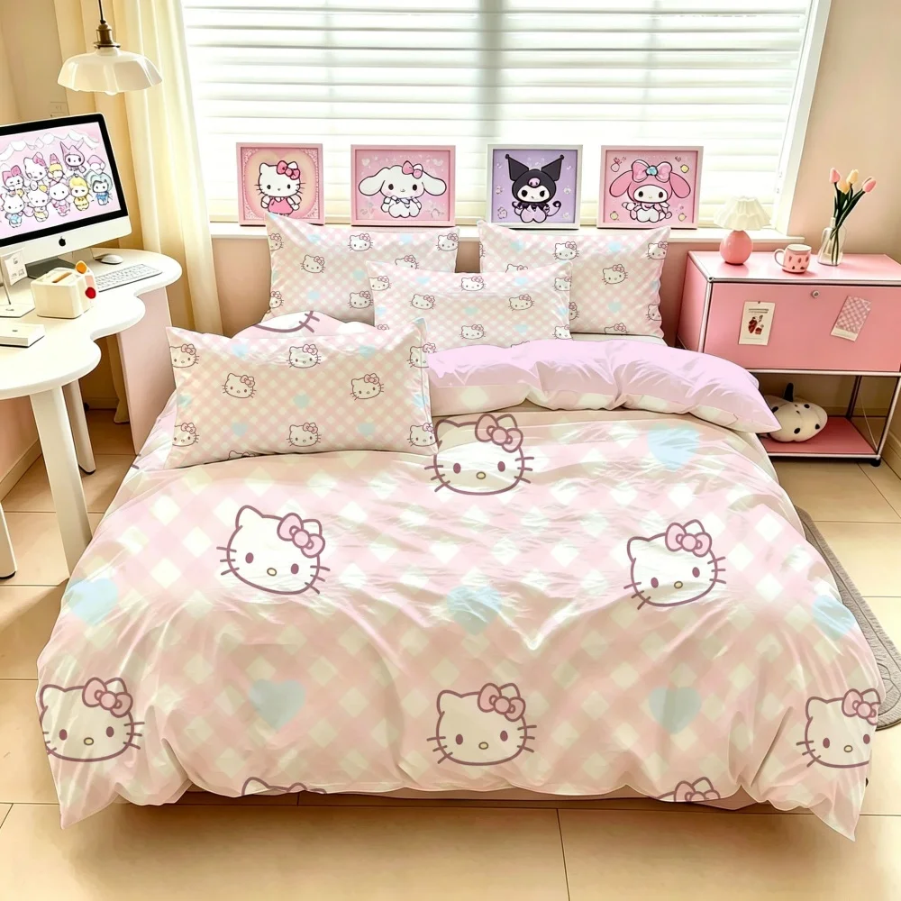 New Sanrio Hello Kitty Bedding Set Double Size Soft Quilt Cover with Pillowcase Cute Cartoon Bed Linens for Girls Dorm Room