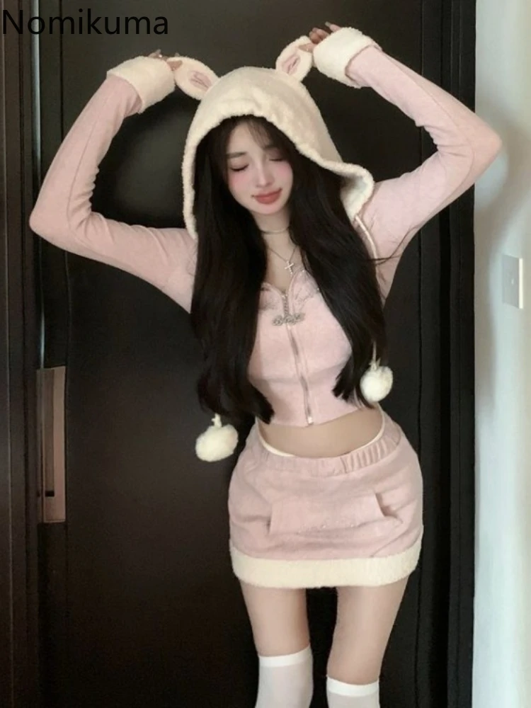 

Two Piece Sets Womens Outfits Korean Clothing Hooded Zipper Cropped Jacket Tops Bodycon Mini Skirt Suit Casual Fashion Y2k Set