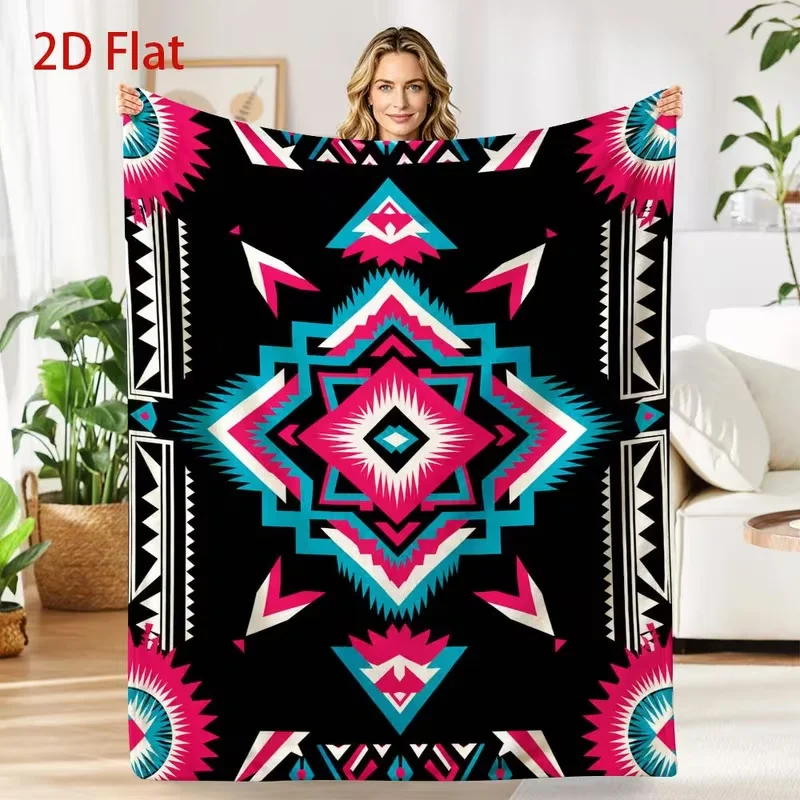 Vibrant Geometric Tribal Print Blanket, Black with Pink and Teal Aztec Patterns, Soft  Throw for Sofa, Bed Living Room Decor