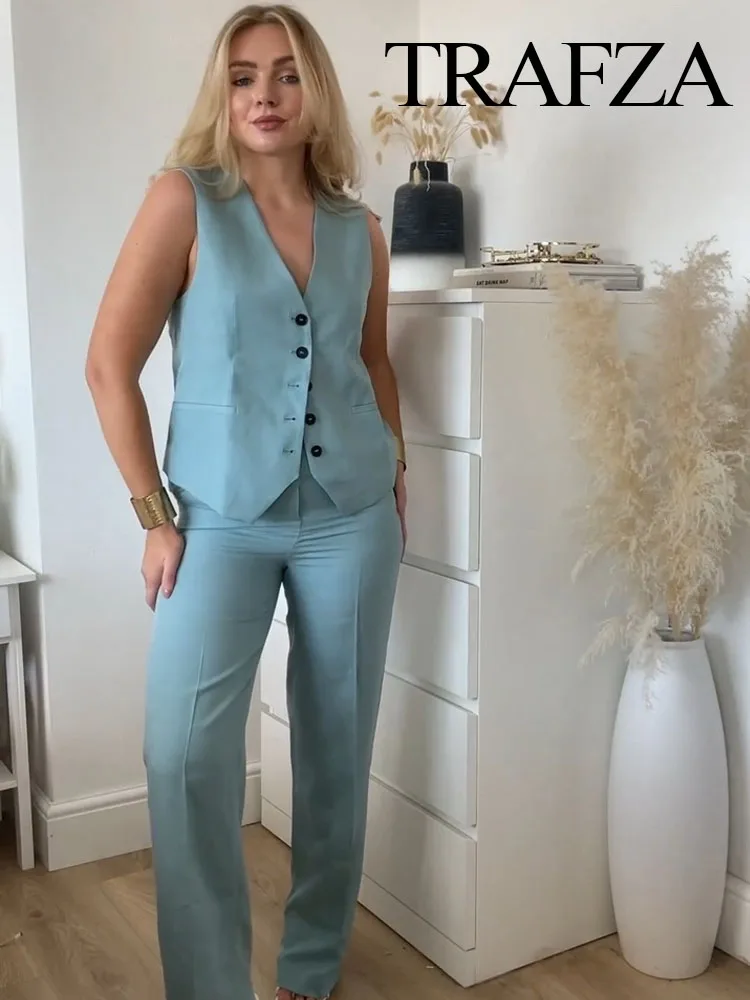 TRAFZA-Conjunto de chaleco y pantalón para mujer, Top con cuello en V y botones a la moda, pantalones ajustados de cintura alta, traje Vintage para