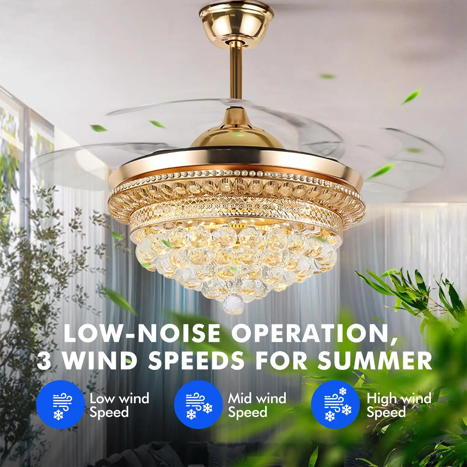 Gold Ceiling Fan Light with Remote Control and Transparent Blades 3 Changeable Light Colors Ceiling Fans 42 inch Fandelier