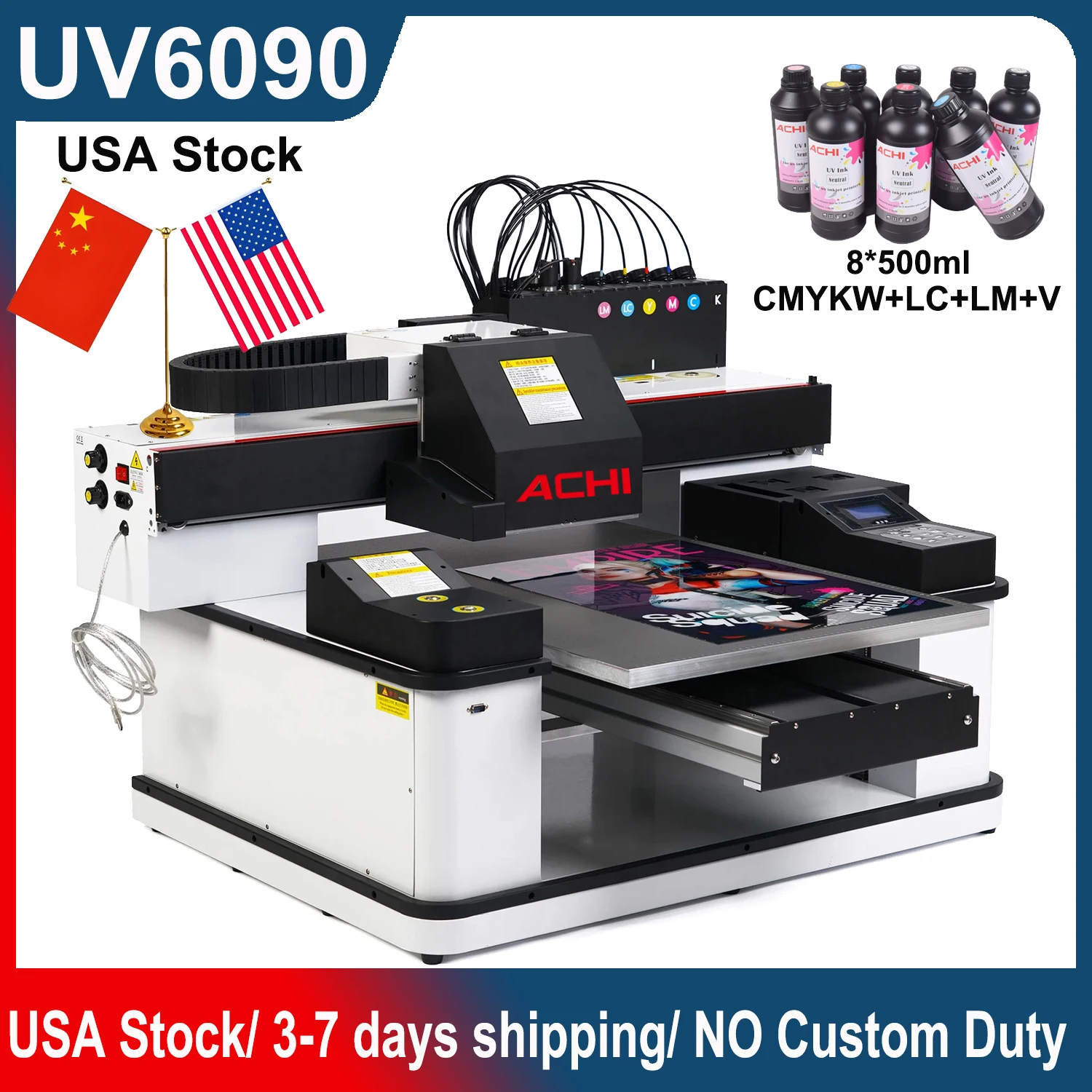 

6090 UV Printer 3pc XP600 12Color Automatic Flatbed Rotary Varnish Printing+8x500ml ink CMYKW+LC+LM+V