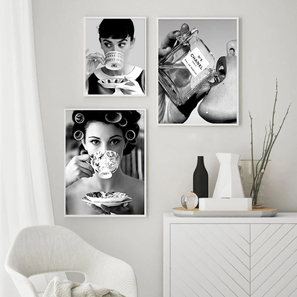 Black and White Champagne Flutes Wine Eating Women Drink Coffee Poster and Canvas Printing Wall Art Picture for Room Home Decor