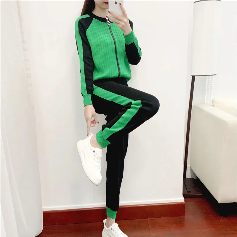 Casual Two-Piece Sweater Cardigan Jacket 2023 Autumn New Womens Knitted Suit Fashion Baseball Sports Zip Top And Pants Set