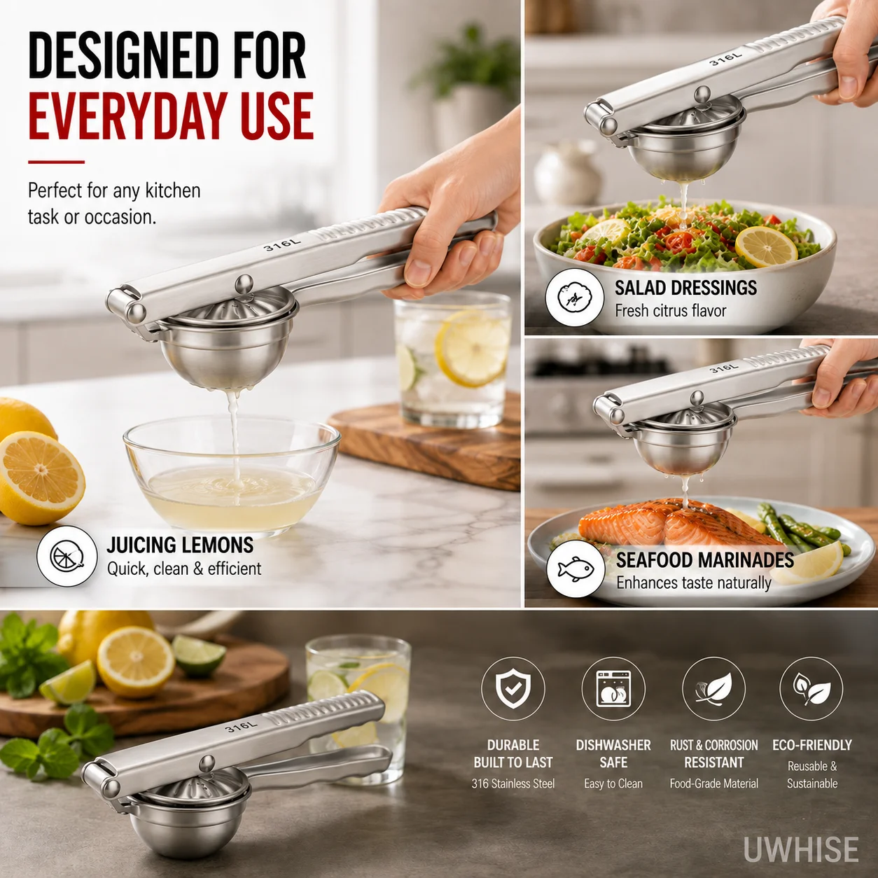 Uwhise 316L Stainless Steel Lemon Squeezer Deep Bowl Hand Press Citrus Juicer Dishwasher Safe Fruit Extractor Kitchen Tool view 6